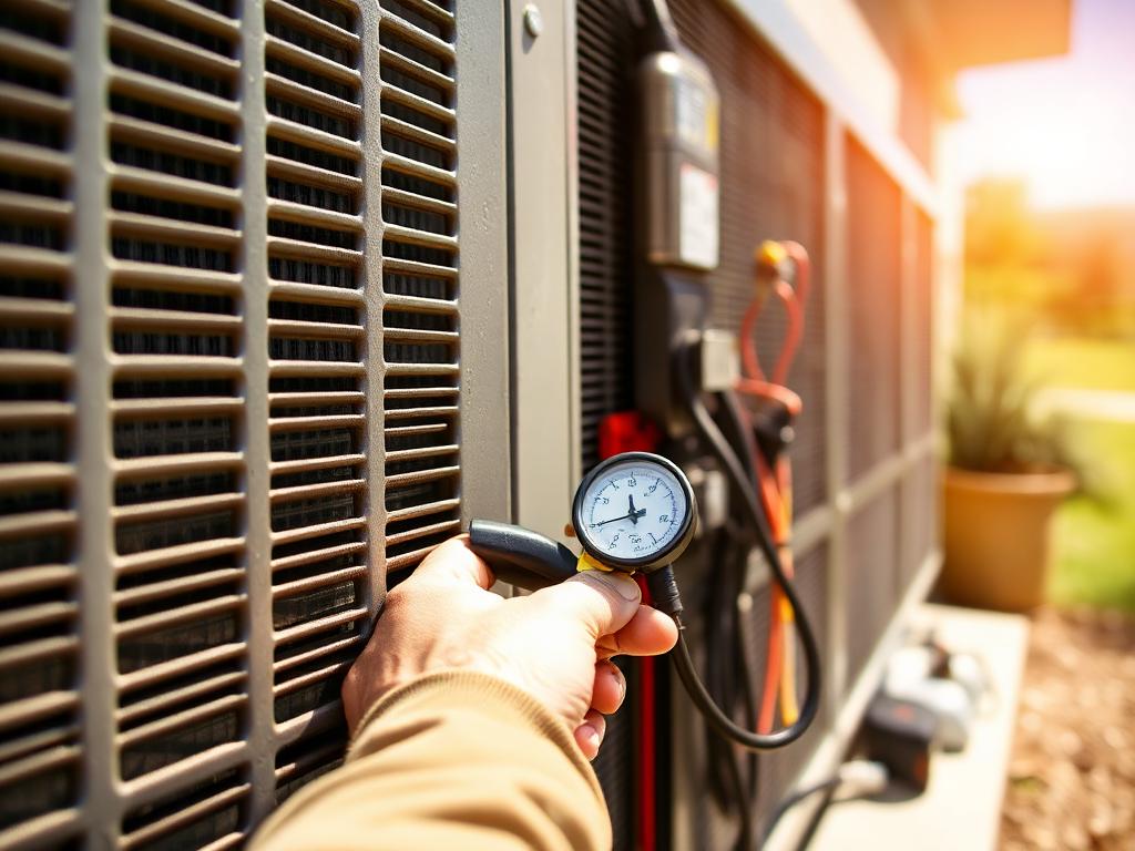 North Texas HVAC technician checking refrigerant pressure during an AC repair in Frisco, Collin County