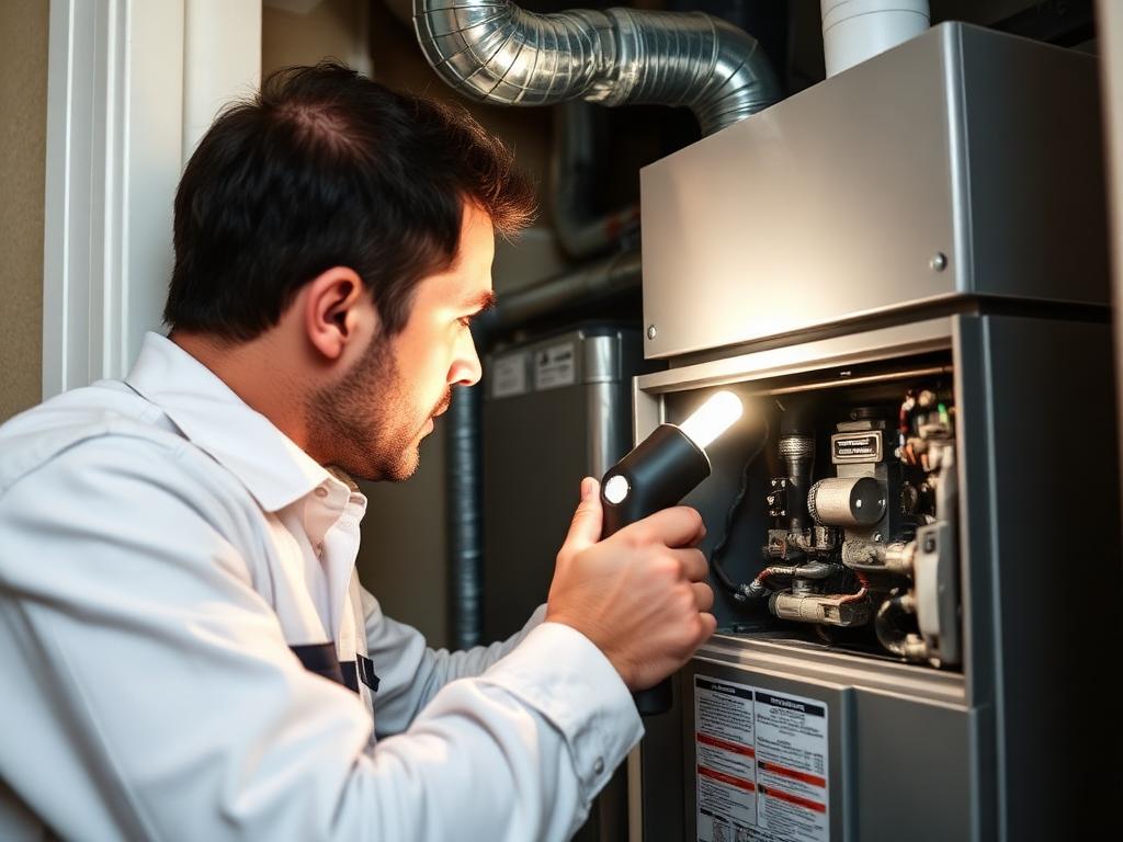 Heating technician inspecting an indoor gas furnace during a furnace repair in Sherman, Grayson County TX